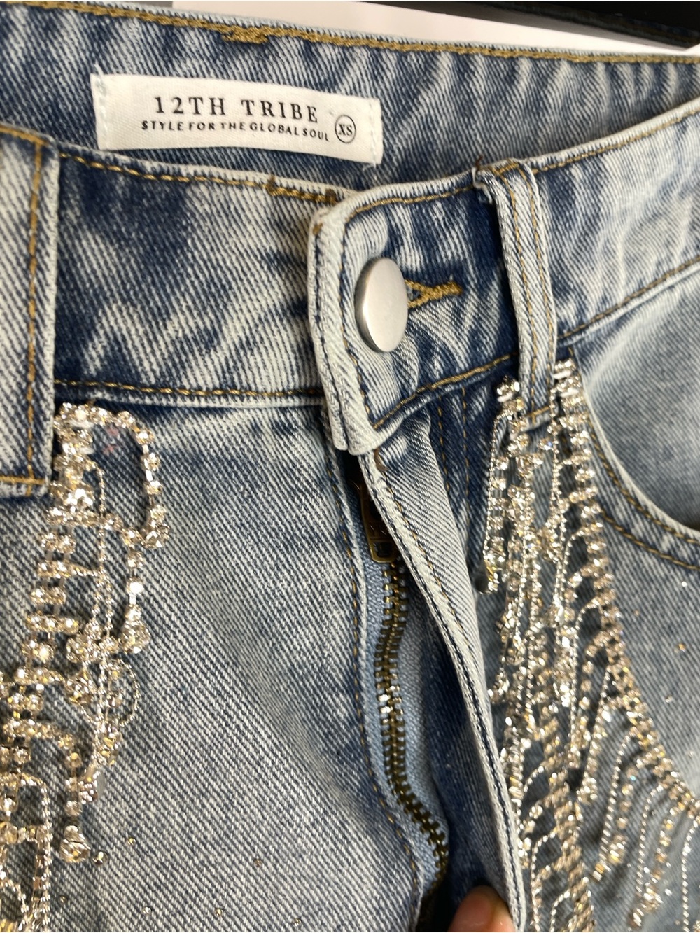 12th Tribe | Love Thing Rhinestone Fringe Denim Cutoff Shorts Size XS - Picture 6 of 9